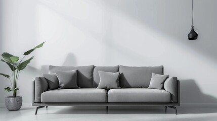 On a background of white walls, there is a Scandinavian living room with a gray sofa.