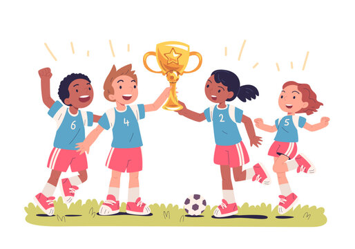 Soccer team hold cup. Children football players victory cheers celebration, kid handsome footballer character sport cup trophy school boy celebrate win, classy vector illustration