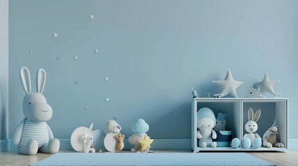 The mockup is of a wall in the children's room on a blue color background