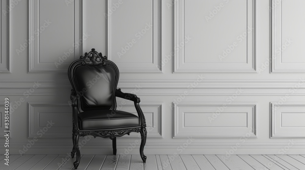 Poster it consists of an armchair placed on a white wall background with an empty space behind it.