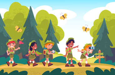 Kid scouts hiking. Child scouting, kids walk hike on forest trail boy watching compass girl scout outdoor camp scene school nature adventure cartoon cute classy vector illustration