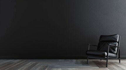 On an empty dark wall background, there is a black leather armchair in a TV room.