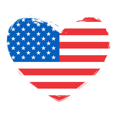 Brush stroke heart shape with national flag of the United States of America. Graphic design for American holidays greeting cards and invitations. Vector illustration.
