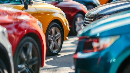 Row of colorful modern cars parked closely together in a sunny urban street setting