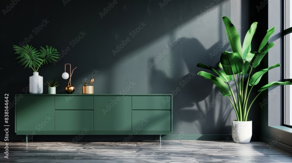 Sticker On an empty dark wall, a green cabinet and accessories decorate the living room interior