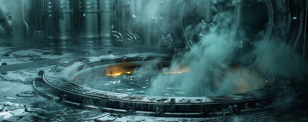 A futuristic robotic system neutralizing hazardous spills, Industrial, Dark tones, 3D render