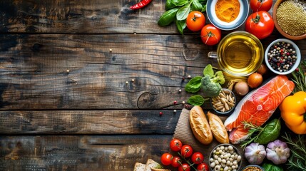 Selection of healthy food on rustic wooden background