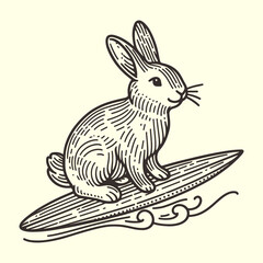 cute rabbit on a surfboard vintage sketch