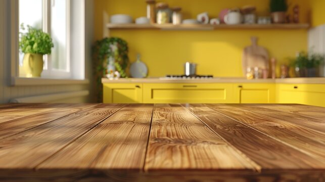 Table top with wooden table on blurry background in yellow kitchen room - 3D rendering