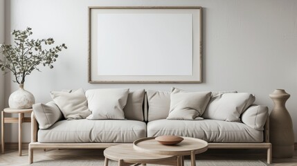 Three-dimensional rendering of a living room with a sofa and table on a white wall - mockup poster frame