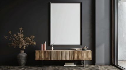 A mockup frame on a cabinet in the living room interior on an empty dark wall.