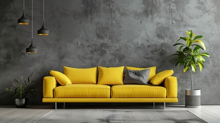 Living room with gray walls and yellow sofa.
