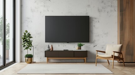 In living room with white plaster wall, TV cabinet with armchair, minimalist design.