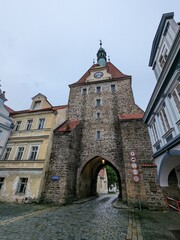 Domazlice historical city center and old town square with white tower,church and medieval gates,Chodsko region,Pilsen,Czech republic,panorama cityscape view