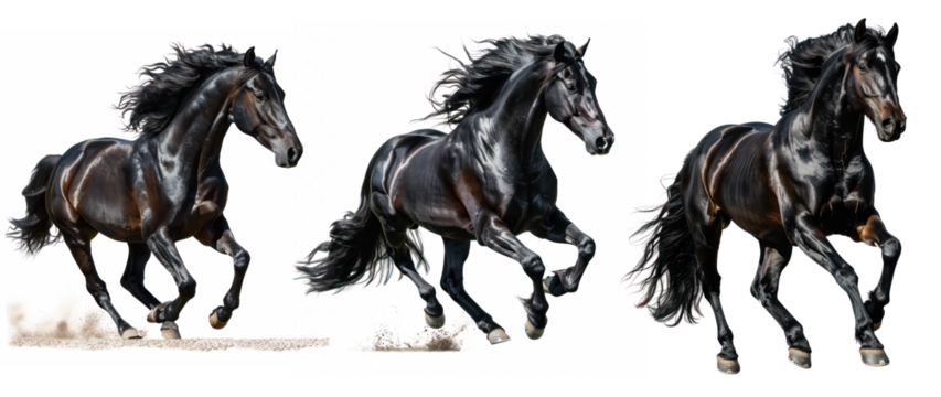 Set of Powerful Horse Stallion Running with Flowing Mane, Isolated on Transparent Background