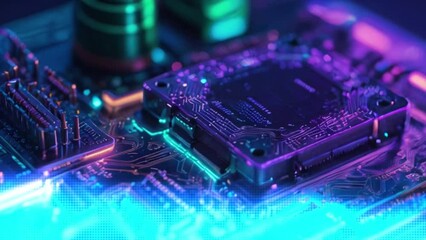 4k looping video of a technology circuit board. The central focus is on a large, square microchip or processor with intricate patterns 
