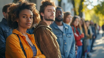 Obraz premium People of different races waiting in line for their turn to come up to the table of a poll worker. US elections concept.