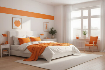 Bright and Airy Bedroom: Orange Accents & White Walls 