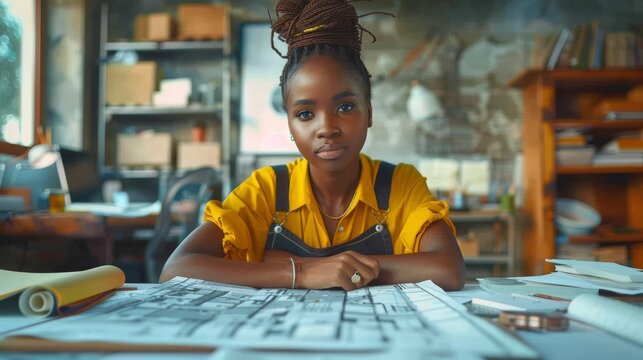 Young African American woman studying information and developing a new architectural project at her office desk. Uses blueprints, cadastral maps, and city plans.