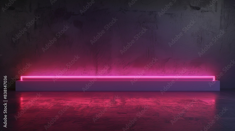 Poster this 3d rendering shows a blank product stand on a dark background with neon lights.