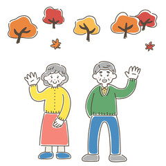 手をあげて挨拶をする高齢者のゆるいイラスト