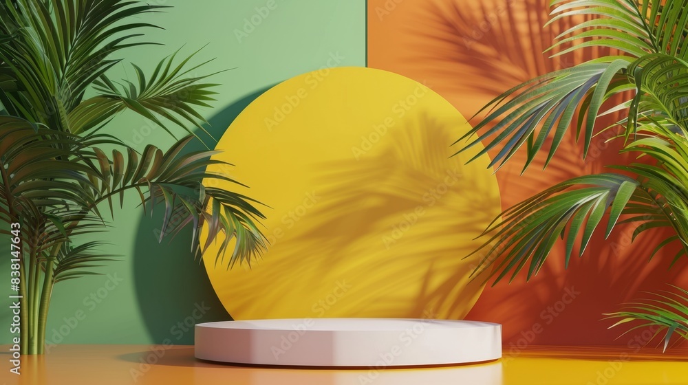 Poster three-dimensional rendering of a podium stand with a tropical leaf on a colorful background. summer 