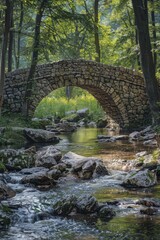 A picturesque stone bridge over a tranquil forest stream, surrounded by lush greenery and natural beauty captured in perfect harmony.