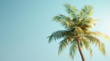 A tropical palm tree is shown on a pastel blue background in 3D.