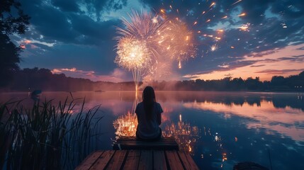 A lone figure sits by a lake, watching fireworks explode over the water. The sky is filled with color and light, creating a magical scene.