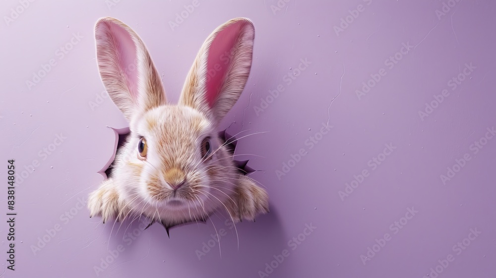 Poster three-dimensional rendering of an easter bunny poking out of a hole on a violet background.