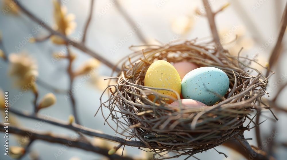 Poster 3D rendering of Easter eggs in a bird nest on a tree branch with a white bright background.
