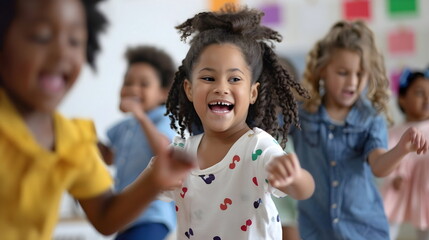 Happy Children Playing Dancing Classroom Joyful Activity Fun - Powered by Adobe