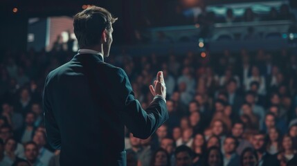 Businessman giving a presentation to a large audience