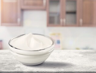 Natural homemade tasty white yogurt in bowl