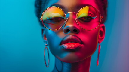 Vibrant Fashion Portrait Sunglasses Earrings Blue Red Contrast