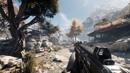 First-Person Shooter Video Game Scenic Mountain Landscape Abandoned Restaurant