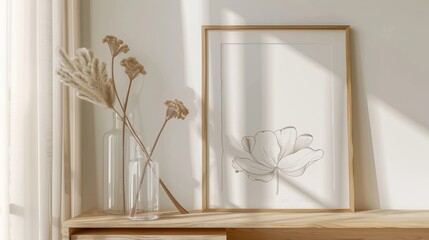 A framed picture of flowers, beige home decor, and attractive line art