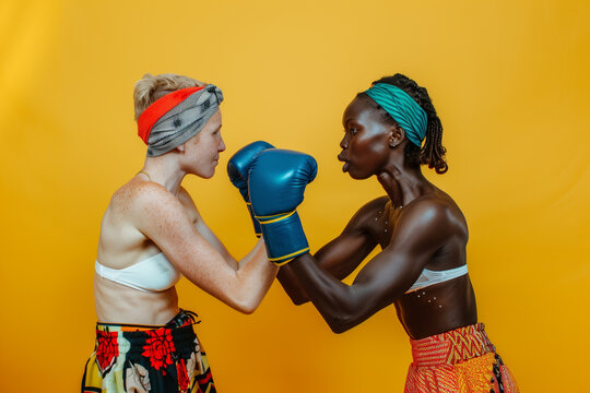 2 race female Boxing Duo, Caucasian and African Boxers, Athletic Competition, Sports Unity, Powerful Boxing banner, Fitness Enthusiasts, Sports Action, Boxers in Action, two woman fighting wrestling