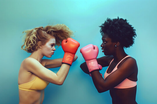 2 race female Boxing Duo, Caucasian and African Boxers, Athletic Competition, Sports Unity, Powerful Boxing banner, Fitness Enthusiasts, Sports Action, Boxers in Action, two woman fighting wrestling