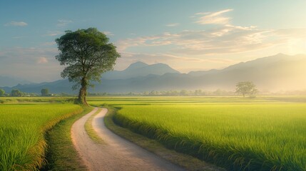 Obraz premium Dirt road winding through green rice fields, large tree, and mountains in the background.