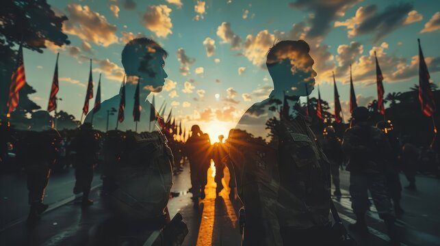 Silhouettes of people walking towards a sunset, with a sense of hope and unity.  The image evokes a feeling of togetherness and a shared journey.