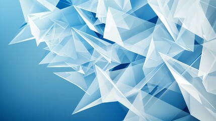 A dynamic blue background showcasing overlapping layers of textured white transparent triangles, diamonds, and squares, forming a visually striking geometric design.