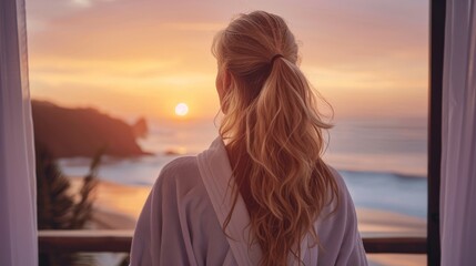 Fototapeta premium a beautiful blonde woman with long hair wearing white bathrobe,