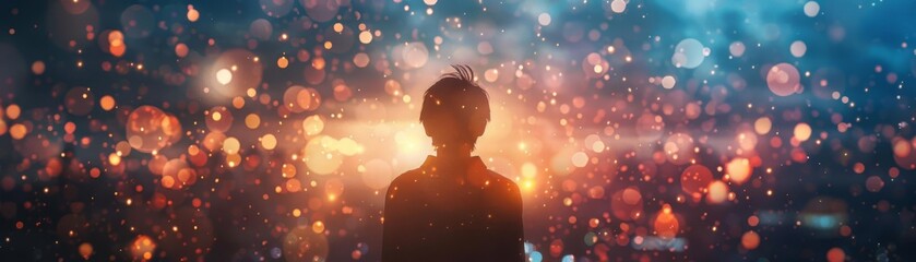 Naklejka premium Silhouette of a person standing amidst a vibrant, colorful bokeh background.