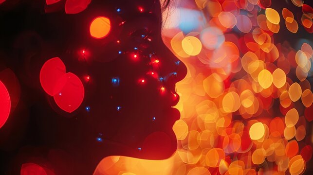 Silhouette of a woman's face with glowing lights, creating an abstract and colorful image.