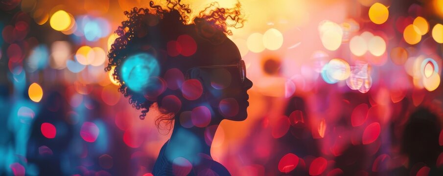 Silhouette of a woman in a colorful, blurred background.