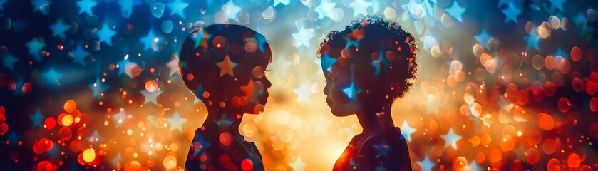 Two children in silhouette facing each other, surrounded by star-shaped bokeh lights, creating a whimsical and magical scene.