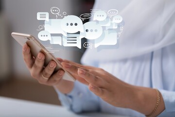 Technology, communication, messaging concepts, person hold phone