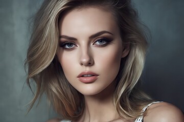 A beautiful woman in an elegant dress captured in a high resolution portrait that represents fashion and beauty, ideal for fashion features or clothing advertising, presented from the front with space