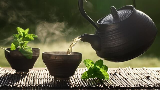 Pouring tea from teapot on wooden table
